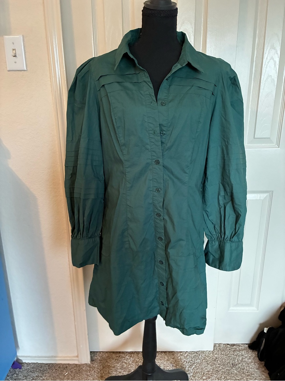 Womens Emerald Green Midi Shirt Dress with Button Front